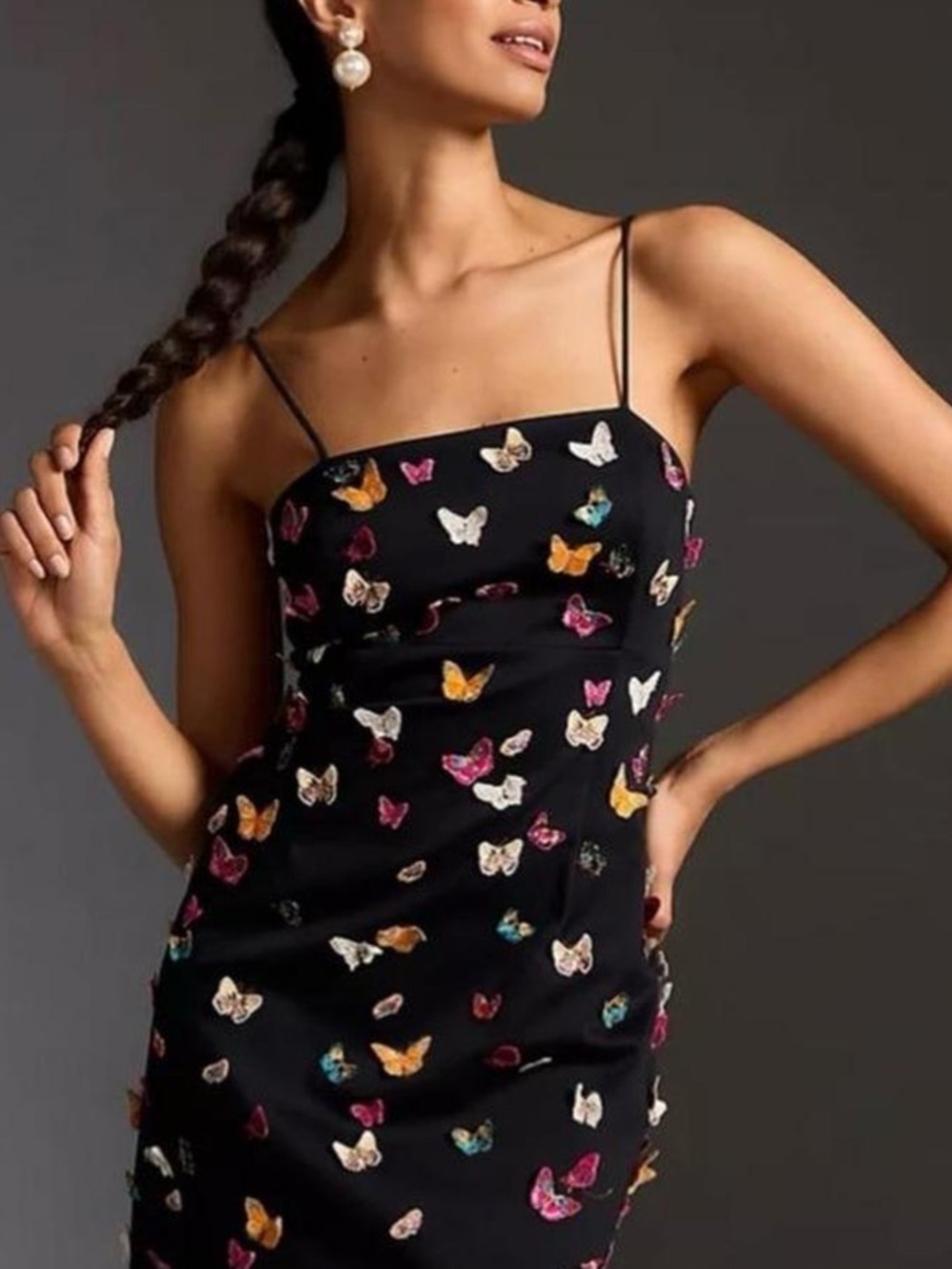Maeve Black Slip Dress with Multicolor Butterfly Motif